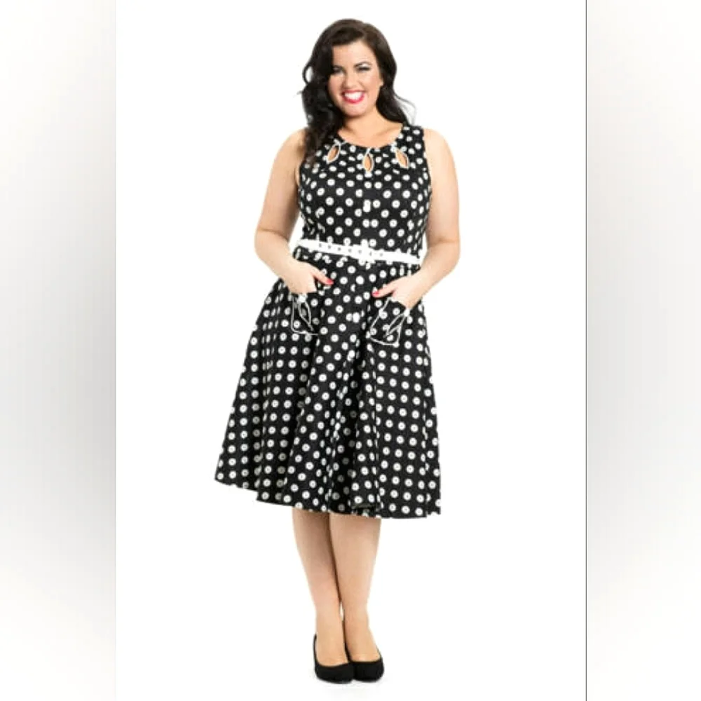 EUC Voodoo Vixen Dahlia Polka Dot Floral B&W Fit & Flare Vintage Retro Dress XL - Picture 1 of 6